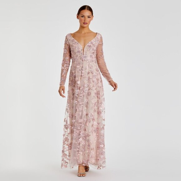 NWT Mac Duggal Floral Applique Long Sleeve Illusion Gown 16 Rose Pink #8202 - Picture 1 of 8